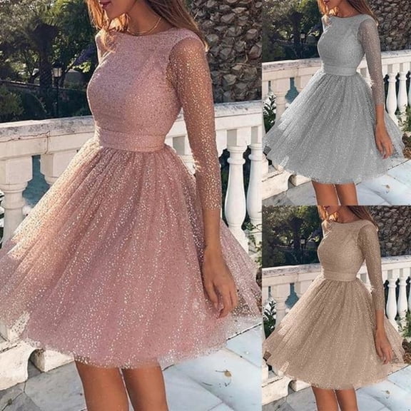 Joernso Evening Party Women See-through Sequins 3/4 Sleeve Backless Dress Gown