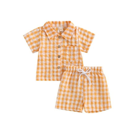 

Sunisery Toddler Kids Boys Summer Outfits Plaid Pocket Short Sleeve Shirts Elastic Waist Shorts 2Pcs Clothes Sets Orange 6-12 Months