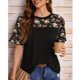 thumbnail image 4 of Camisa de cuello redondo para mujer Camisa de manga corta con volantes Camisa estampada floral Patrón empalme Top suelto Negro XL, 4 of 8
