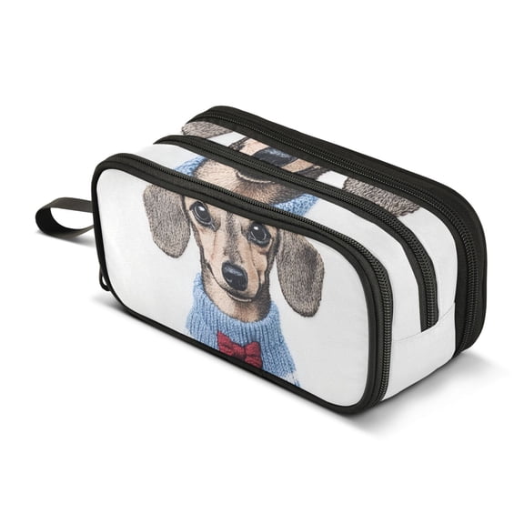 FORMRS Pencil Case with 3 Compartments Zipper Pouch, Elementary School Level and up, Gray Cute Dog Artist