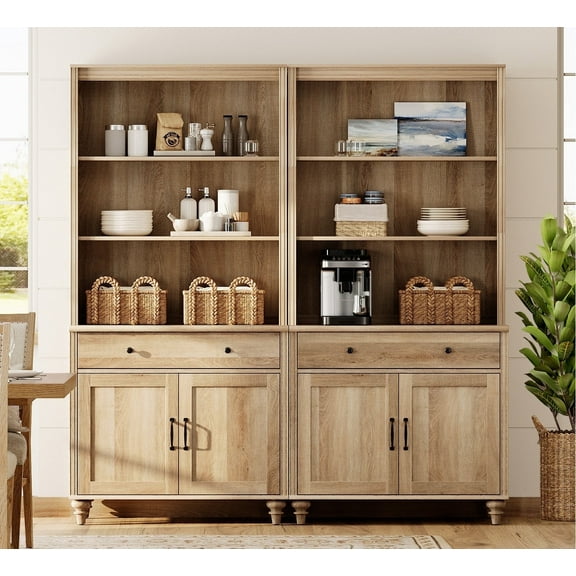 WAMPAT 72'' Tall Credenzas & Sideboard with Shelves, 34'' Wide Dining Hutch with Drawers and Doorss, Farmhouse Buffet cabinet for Kitcen, Home Decor, Living Room, Home Office, Oak