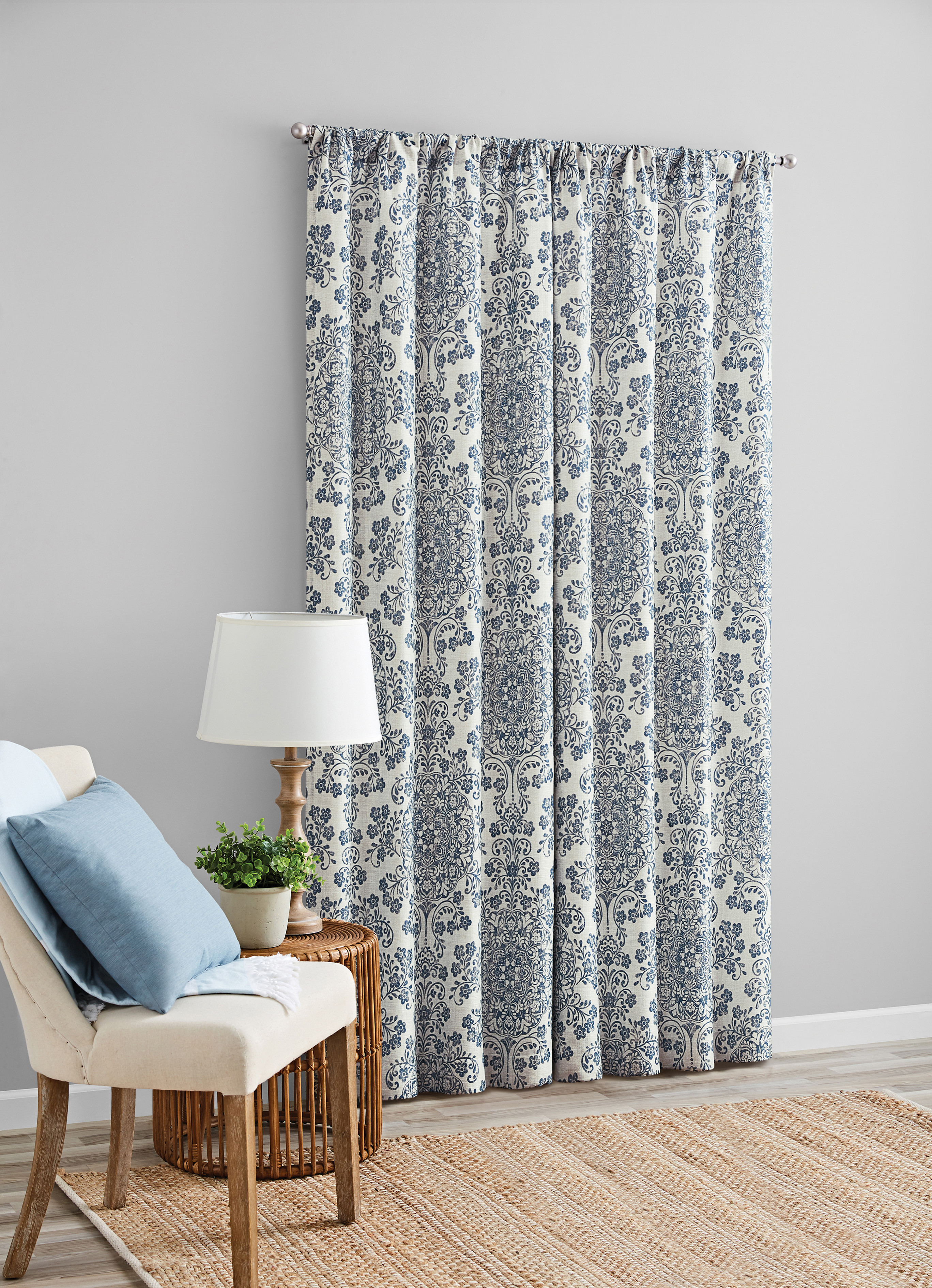 Mainstays Southport Damask Print Light Filtering Rod Pocket Curtain Panel Pair, Set of 2, Blue, 40 x 84 - image 3 of 7