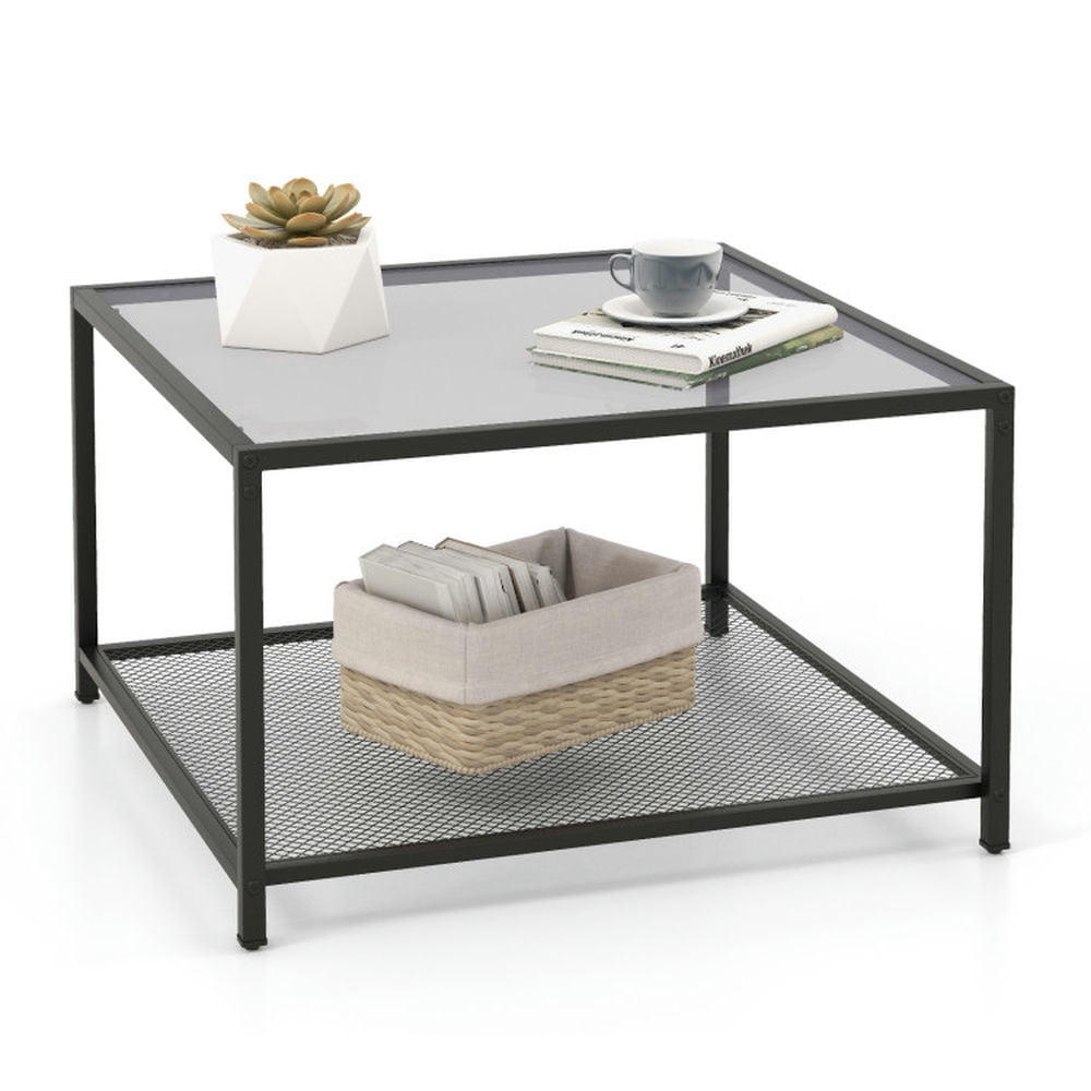 Finihen Coffee Table, Glass Coffee Table, Modern 2-Tier Square Glass Coffee Table with Mesh Shelf, for Living Room, Reception Room, Gray Finihen Coffee Table, Glass Coffee Table, Modern 2-Tier Square Glass Coffee Table with Mesh Shelf, for Living Room, Reception Room, Gray