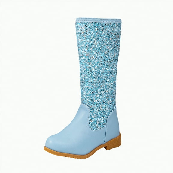 Linfrsh Boots Kids Girls Knee High Leather Boots with Side Zipper Round Toe Lace Up Combat Boots with Low Heel Lug Sole for Little and Big Kids Sky Blue,10.5