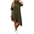 thumbnail image 2 of Karymi Casual Solid T-Shirt Dress, Round Neck Half Sleeve Loose Swing Dress with Asymmetrical Lace Hem, Summer High-Low Flowy Dress Maxi Dresses for Women, 2 of 6