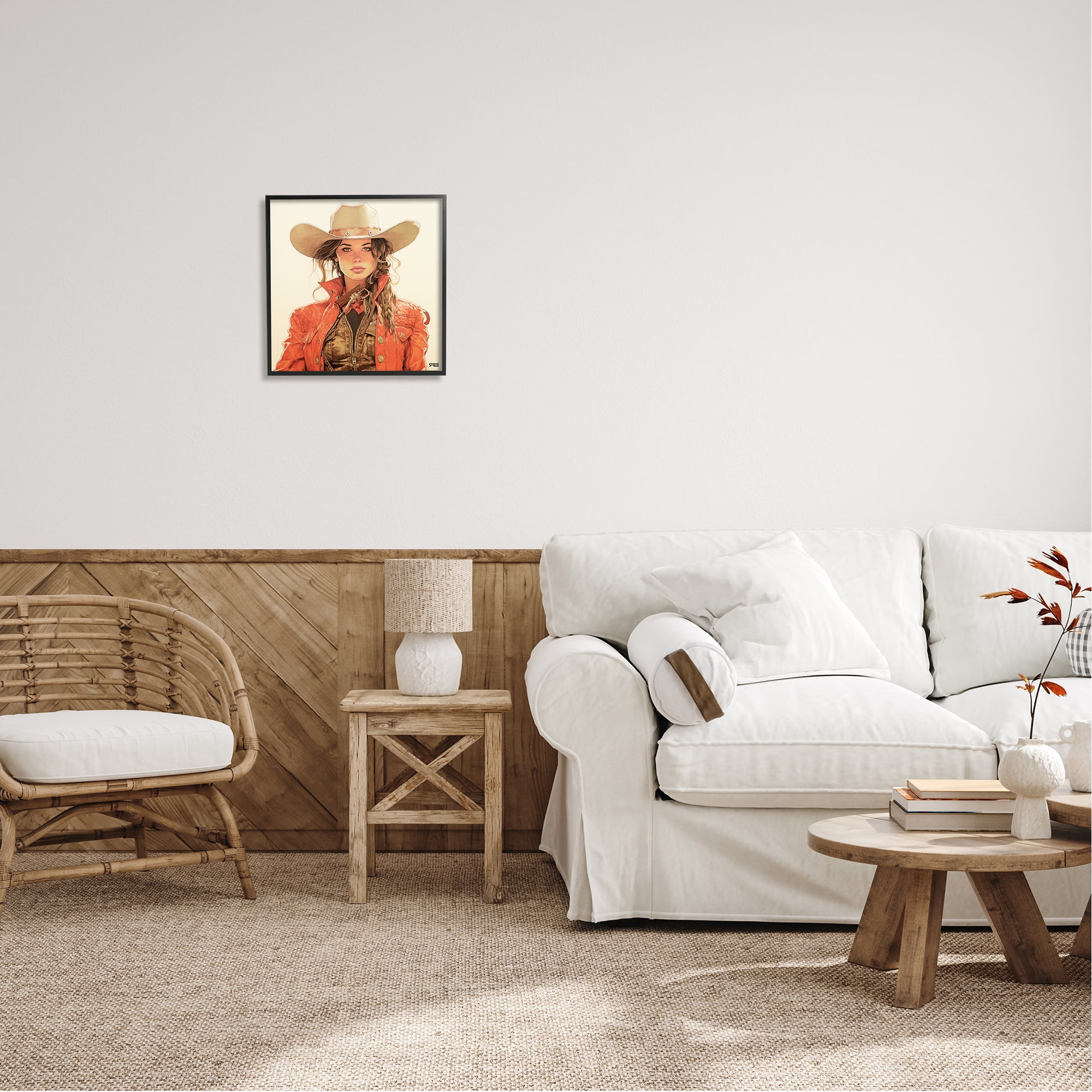 Stupell Industries Cowgirl in Red Jacket Abstract Painting Black Framed Art Print Wall Art, 17 x 17