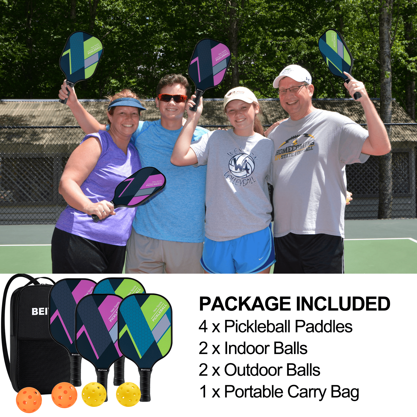 BEIVES 4-Pack Fiberglass Pickle Ball Set with 4 Balls & Portable Bag - Lightweight Pickleball Paddles for Indoor/Outdoor