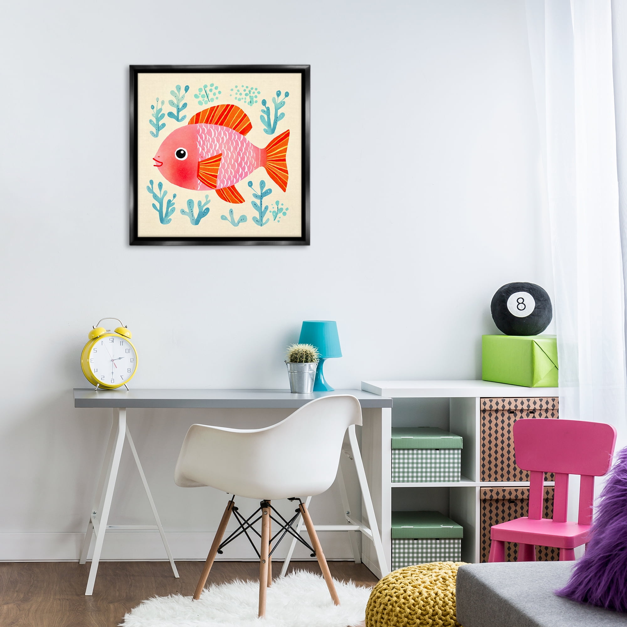 Stupell Industries Happy Fish & Seaweed Sprigs Animals Painting Black Floater Framed Canvas Art Print Wall Art, 25 x 25