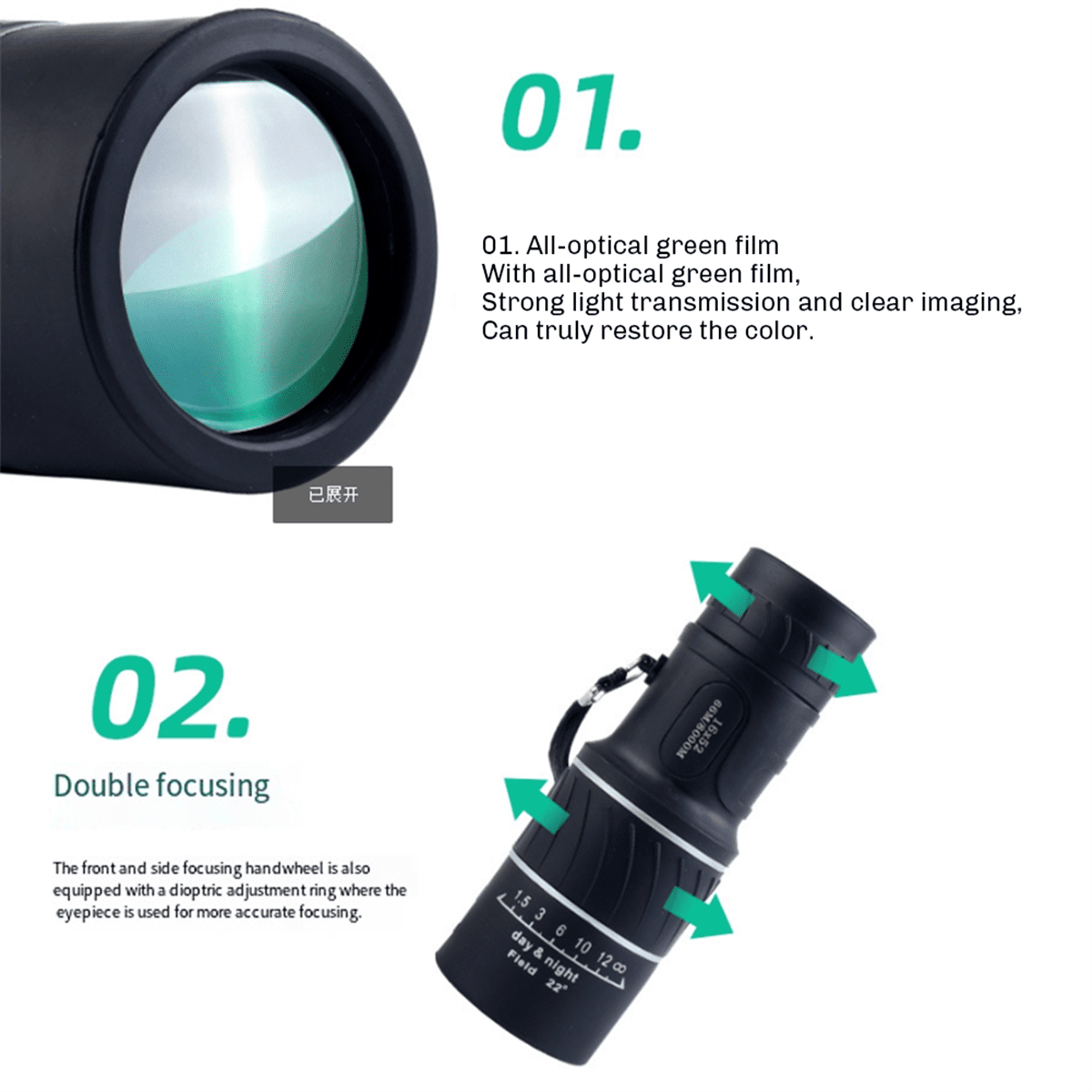 2PCS 2000X25 HD Zoom Portable Binoculars and Single-Tube Telescope 16X52 Long Range BAK4 Telescope Folding for Camping