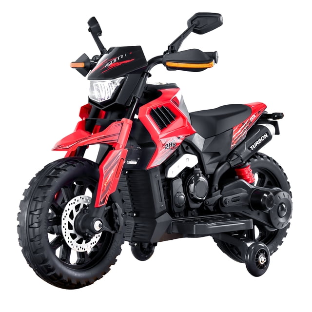 Kids Ride on Motorcycle 6V Electric Motorbike with LED for Kids Aged 3+, showcasing a bold red and black design with durable non-slip tires, training wheels, and a secure braking system. Equipped with LED lights, music playback, USB/Bluetooth connectivity, and a high-capacity battery for extended play. Suitable for children aged 3+, with a max load capacity of 65 lbs, perfect for smooth asphalt, brick roads, or concrete surfaces. A safe and fun electric ride-on toy for developing coordination and balance.