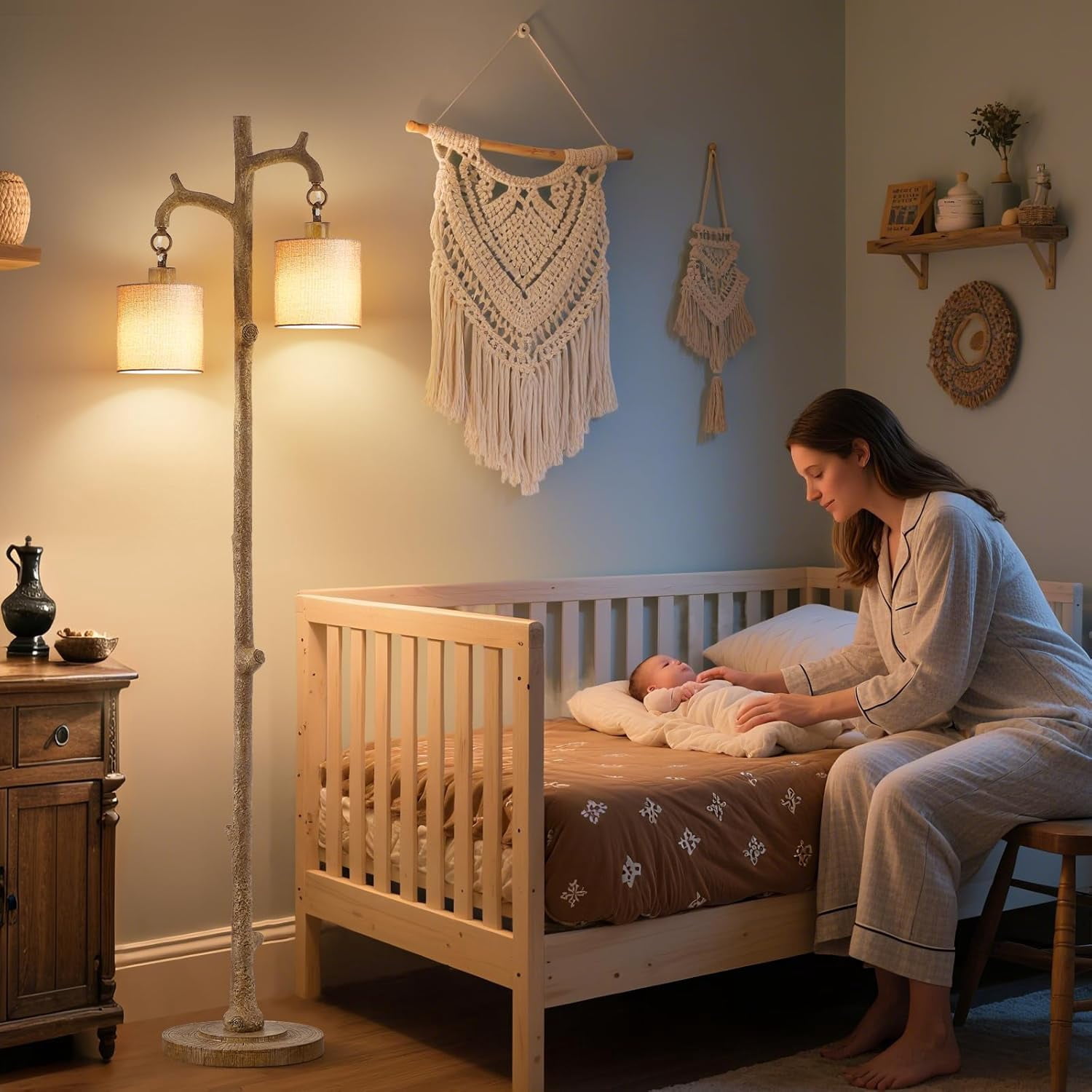 NATYSWAN Floor Lamp for Living Room - 69" Rustic Farmhouse Tree Trunk Tall Lamp - Brown Reading Light with Linen Shade Standing Lamps for Bedroom Office Home Decor