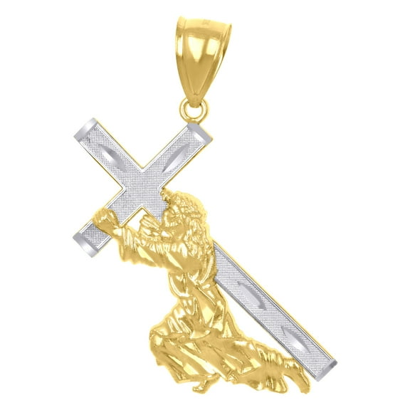 10k 10Kt Gold Two-Tone Diamond-Cut Mens Jesus Carrying Cross Religious Charm Pendant