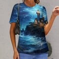 thumbnail image 6 of Lighthouse Sunrise Coast Scenery Pale Blue Tan Women's Short Sleeve T-Shirt Crew Neck Casual Summer Trendy Loose Fit Tops, 6 of 6