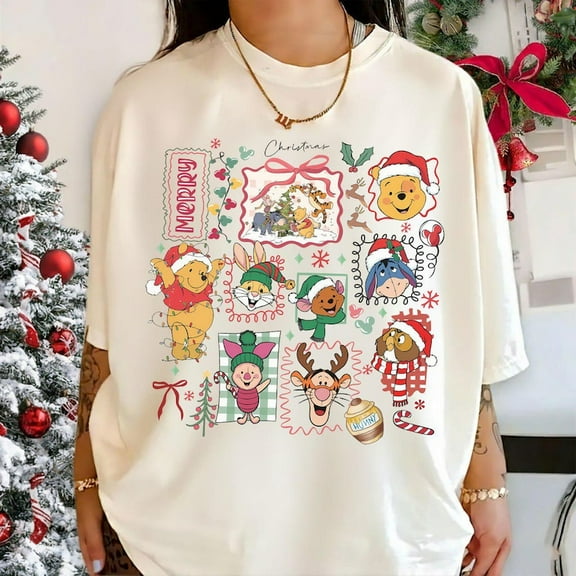 Retro Christmas Winnie The Pooh Coquette Comfort Colors Shirt, Pooh Christmas Shirt, Disney Christmas Shirt, Pooh and Friends Merry Christmas Shirt