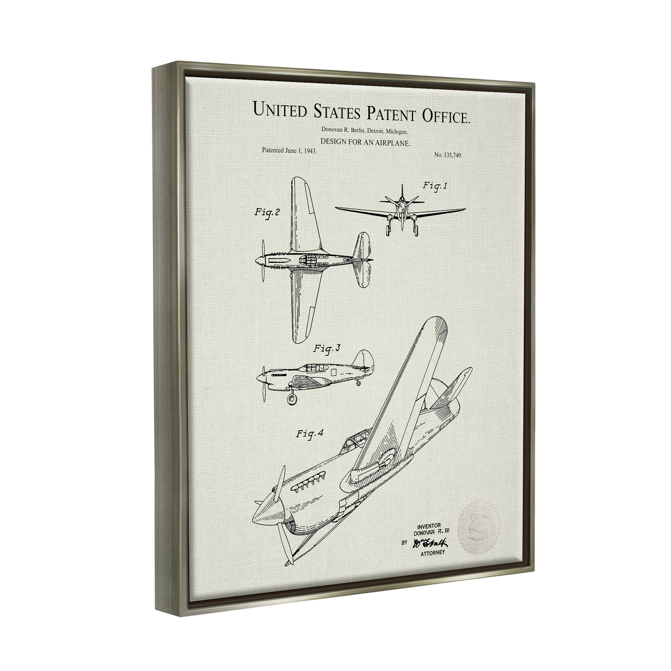 Stupell Industries Aircraft Patent Diagram Chart Graphic Art Luster Gray Floating Framed Canvas Print Wall Art, Design by Karl Hronek