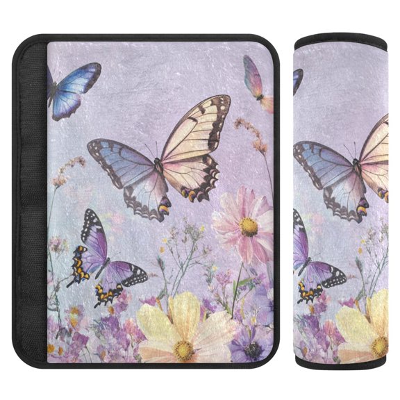 2 Car Seat Belt Covers S Size 6.5*6.5 Inches Car Seat Belt Shoulder Pad Backpack Shoulder Pad Stroller Belt Cover Light Purple Flower Butterfly