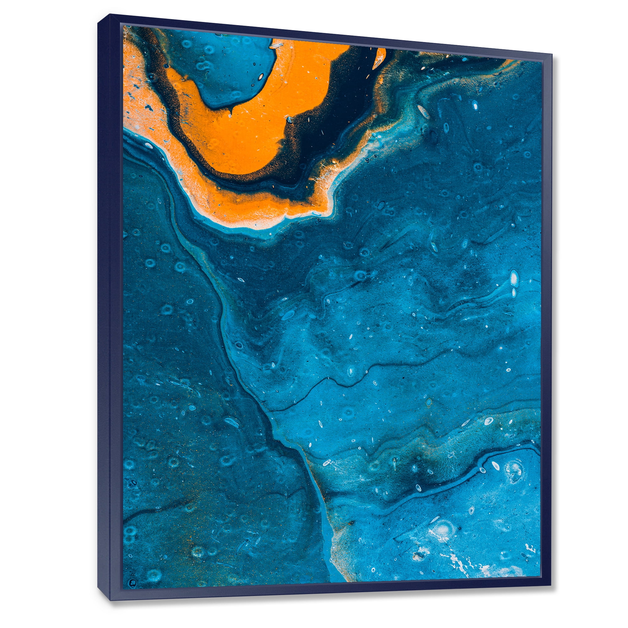 Designart 'Abstract Marble Composition In Orange and Blue III' Modern Framed Canvas Wall Art Print