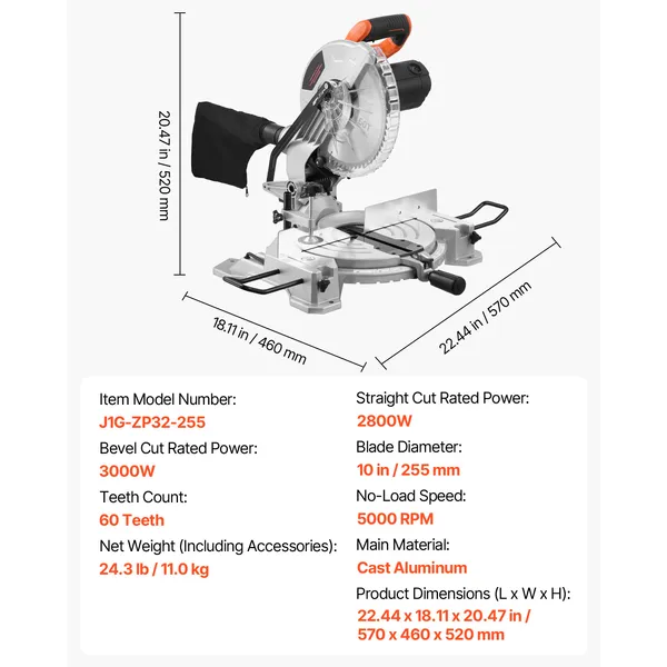 Skil 10-Inch Compound Miter Saw, 15 Amp Motor, 60-Tooth Blade, Single Bevel 0-45°, Corded for Accurate Angle Cuts