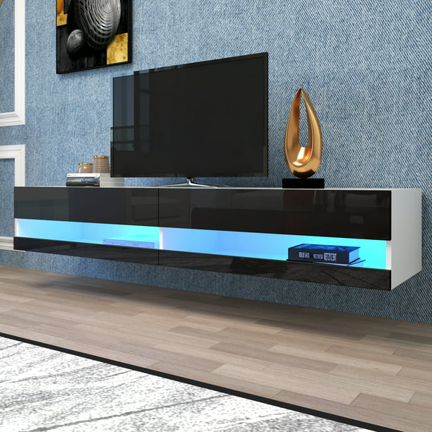 Kzkr 71 Floating Tv Stand High Gloss Entertainment Center Modern Media Console Wall Mounted For 80inch Dark Grey Com - Tv Mounted On The Wall Entertainment Centers