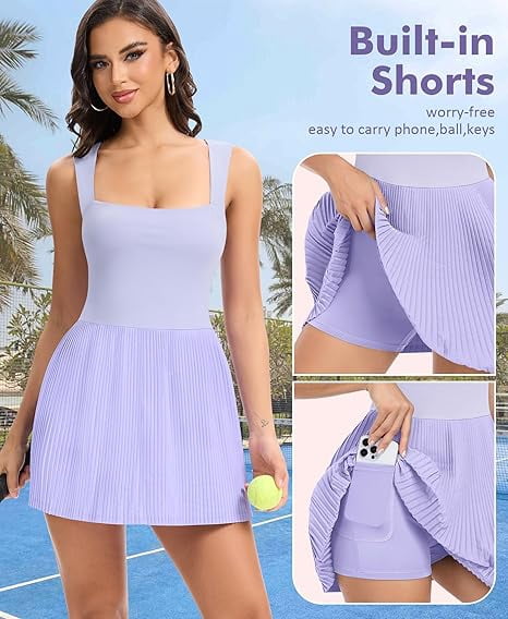 JoyGirl Womens Square Neck Tennis Dress Pleated Sleeveless Golf Dress with Built in Shorts Athletic Dresses with Pockets
