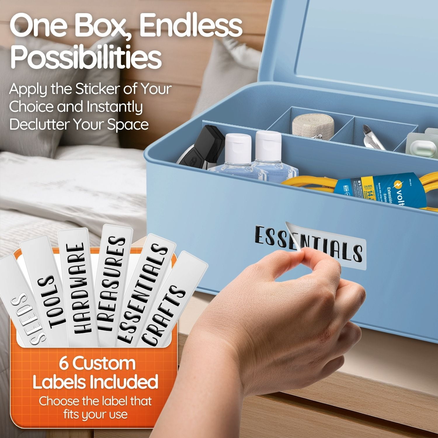 Flexzion Tin Storage Box with Removable Tray, Seed Organizer Box and Metal Seed Holder Organizer with Hinged Lid, Versatile Toolbox Container for Crafts, Hardware, Tools and Essentials, Blue
