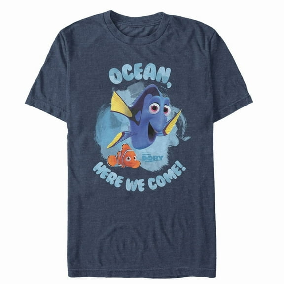 Men's Finding Dory Ocean Here We Come Graphic Tee Navy Blue Heather Medium