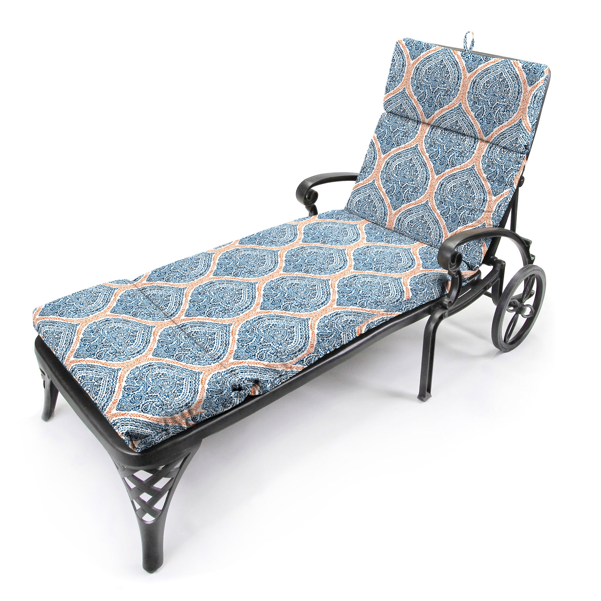 Jordan Manufacturing 75.5" x 22" Andorra Tiger Lily Navy Damask Rectangular Outdoor Chaise Lounge Cushion with Ties