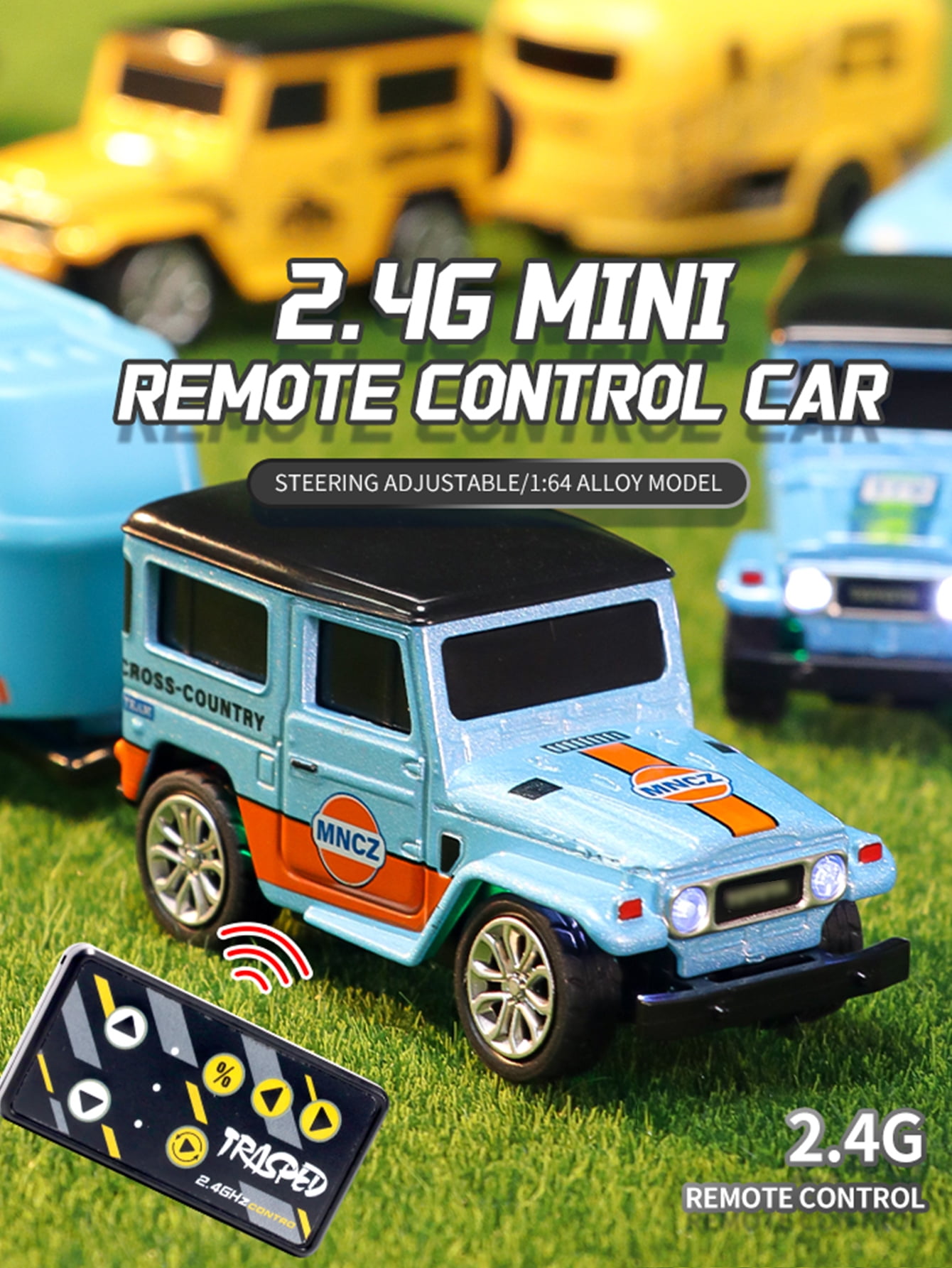 1: 64 mini alloy remote control car, 2.4GHz remote control, three speed adjustable steering (blue orange)