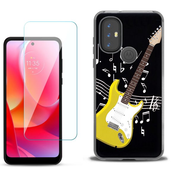 Slim-Fit Gel TPU Phone Case for Motorola Moto G Power 2022, with Tempered Glass Screen Protector, by OneToughShield ® - Guitar Yellow