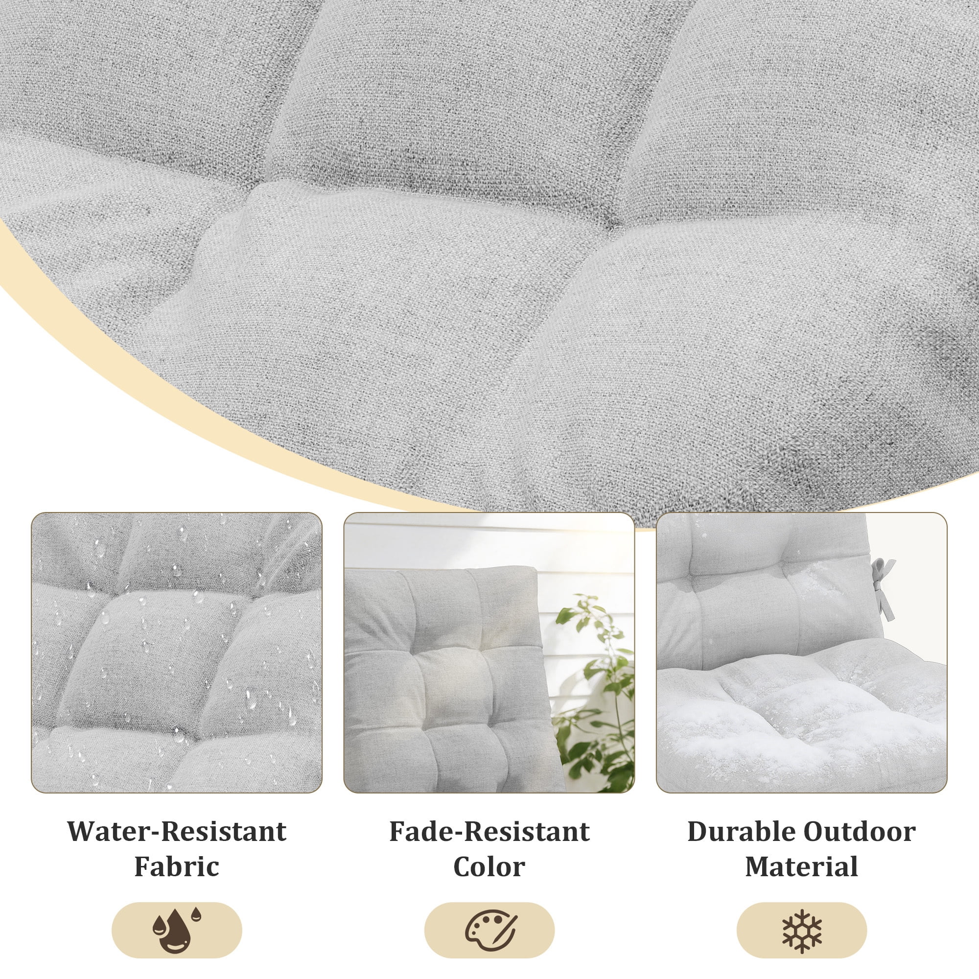 FUNDAZE Outdoor Chair Cushion, 47"L x 19.9"W 1 Piece Cushion W/ Ties for Indoor Outdoor Rocking Chairs, Gray