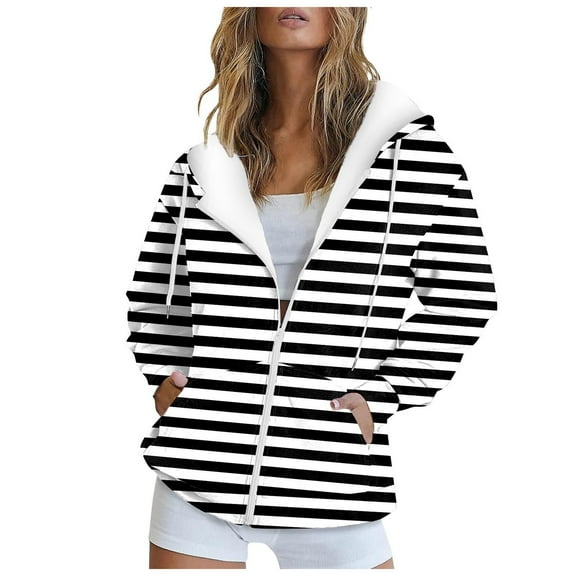Xudanell Womens Tops Thickened Jacket Hooded Coat Color Stripes Sweatshirt Zip up Hoodie Black XXL