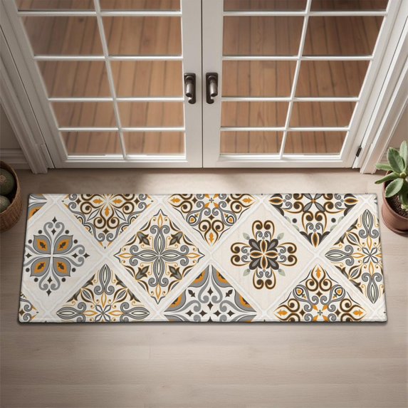 Bohemian Retro Floral Non-Slip Entryway Door Mat,Boho Indoor Decor Durable Low Plush Door Mat,Washable Welcome Rug for Patio Hallway Home Decor 16x47 Inches