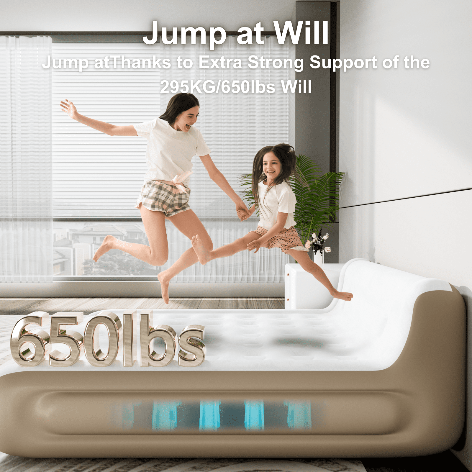 Queen Air Mattress with Headboard,Built in Pump,18”Self Inflating Air Bed for Family Guest Travel Camping,Khaki