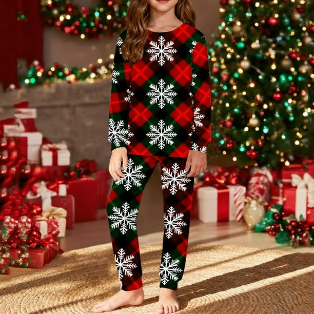Conjuntos de blusas y camisas de cuello redondo y manga larga con estampado navideño para niños Camisa de manga larga con cuello redondo y cintura elástica Pantalones largos Conjunto de traje de casa