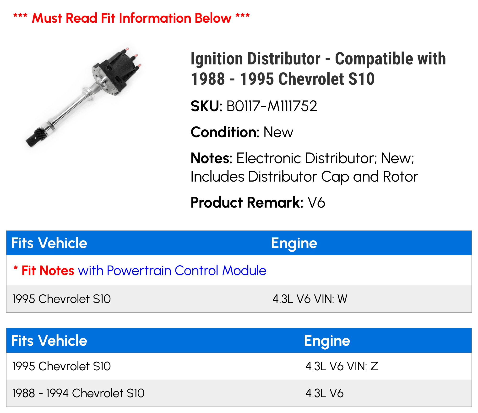 Ignition Distributor - Compatible with 1988 - 1995 Chevy S10 1989 1990 1991 1992 1993 1994