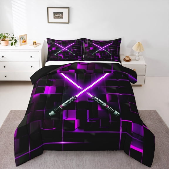 Erosebridal Electric Games Comforter Sets Twin Size,Purple Neon Light Comforters & Duvets,Glowing Ombre Checkered Bedding Twin Comforter Set For Teens,Ultra Soft Bedroom Decoration Reversible,2-Piece