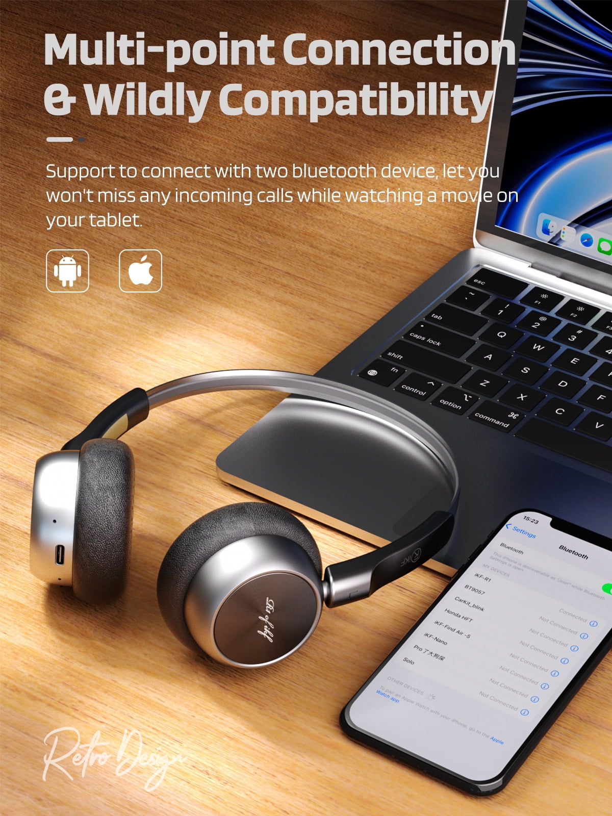 iKF R1 Wireless Retro Wireless Headphones Bluetooth 5.3 APP Custom Sound 60 Hours Playtime Game Mode Noise Isolation Built-in Microphone Throwback 80s 90s Design (Black)