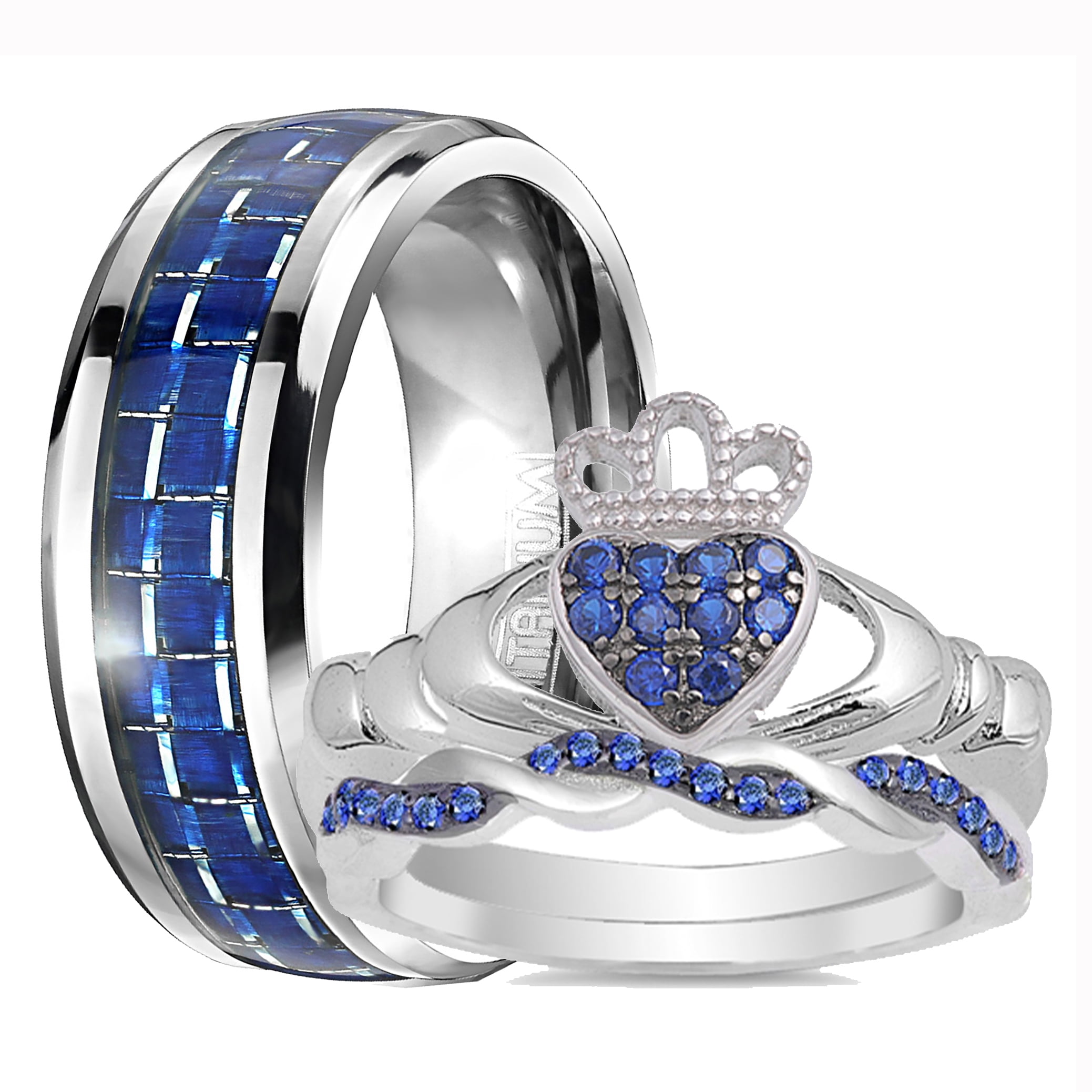His Titanium Black and Her Sterling Silver Cz Blue engagement wedding ring set 