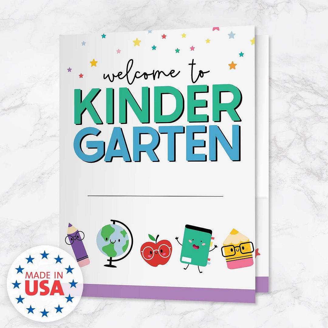 Welcome To Kindergarten Folders / 25 Colorful Classroom New Student Folders / 9" x 12" School Teacher 2 Pocket Welcome Folders / Made In The USA