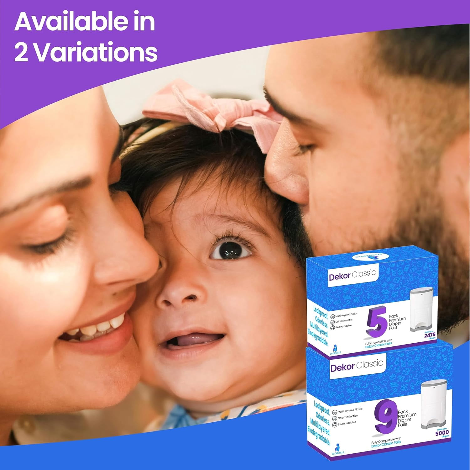 EcoRefills Dekor Classic Diaper Pail Refill, 5 Refill Liners, 30% Thicker, Leak-Proof, Powder Scent