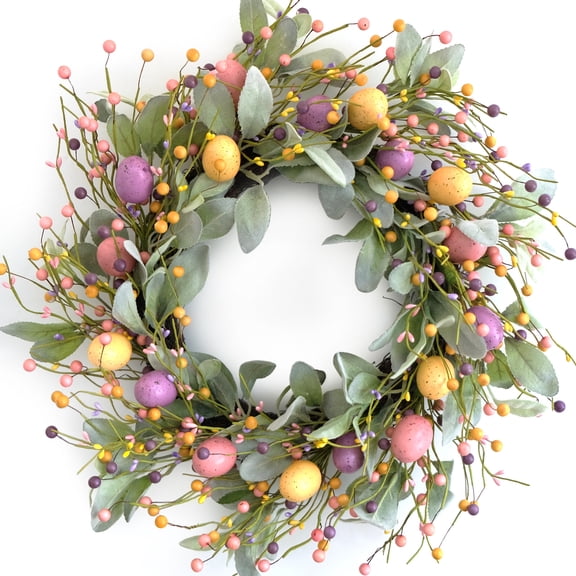 Idyllic 18 Inch Spring Easter Colorful Eggs Eucalyptus Leaves for Front Door, Eggs Berries Wreath with Artificial Green Leaves for Inside and Outside, Summer Spring Home Decor Wreath