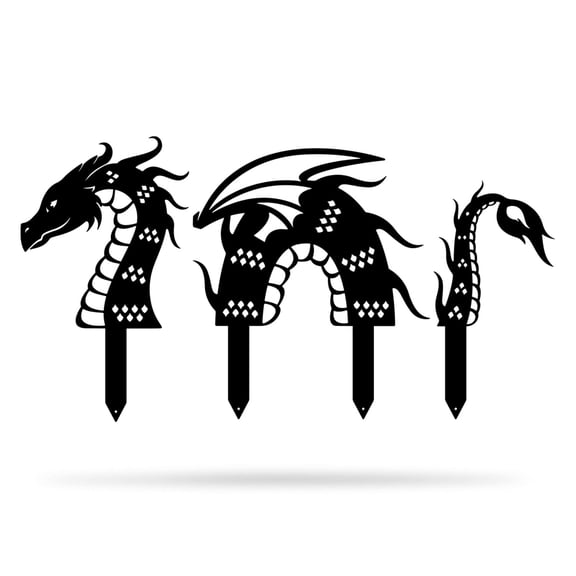 RealSteel Garden Art - Dragon Yard Decoration, 3-Piece Set with Built-In Stakes (8"x18"/ Black)