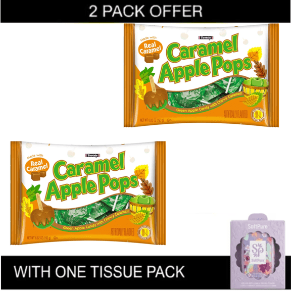 2X Tootsie Halloween Caramel Apple Lollipops, Individually Wrapped Green Apple Flavored, 6.82 oz. Gluten Free, Peanut-Free, Contains Milk & Soy. with tissue pack