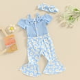 thumbnail image 3 of Okbabeha Baby Girl 3 Piece Outfits, Short Sleeve Cold Shoulder Ribbed Romper + Flare Pants + Bow Headband Toddler Summer Set, 3 of 8