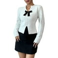 thumbnail image 3 of Women'S Spotted Long Sleeved V-Neck Pullover Sweater with Bow- Details, Casual and Elegant Outdoor Wear White M, 3 of 8