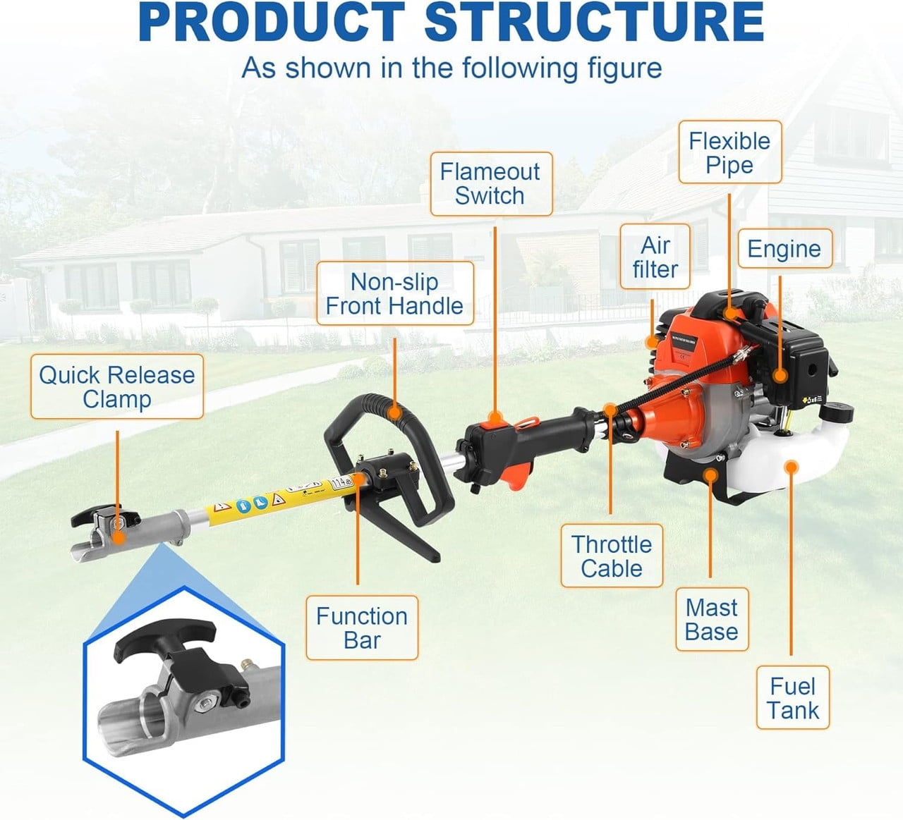 YNCE Gas Weed Eater, 5 in 1 Multifunctional Cordless Hedge Trimmer String Trimmer 52cc 2 Stroke 8500Rpm Brush Cutter Garden Tool