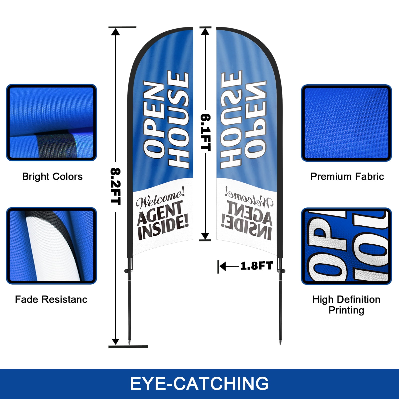 QSUM Open House Feather Flag with Flag Pole Kit and Ground Spike, 7FT Open House Windless Flag Banner Sign Business for Welcome Agent Inside Outdoor Advertising Sign Decoration Display（Blue）