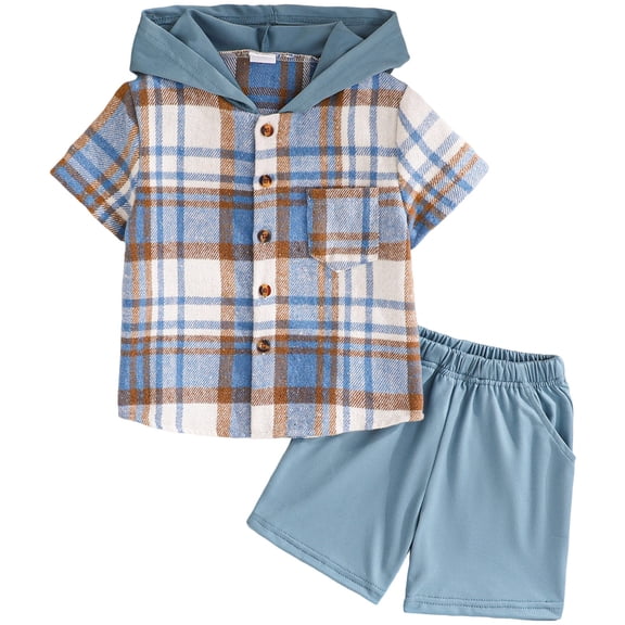 newwalpole Boys Clothes Shorts Sets Plaid Short Sleeve Hooded Button Shirt and Jogger Shorts for Kids Summer Outfits Light Blue for Size 2-3 Years