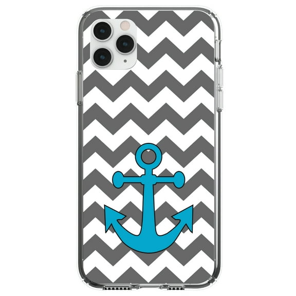 DistinctInk Clear Shockproof Hybrid Case for iPhone 12 / 12 PRO (6.1" Screen) - TPU Bumper, Acrylic Back, Tempered Glass Screen Protector - Grey White Chevron Teal Anchor - Nautical Anchor Design