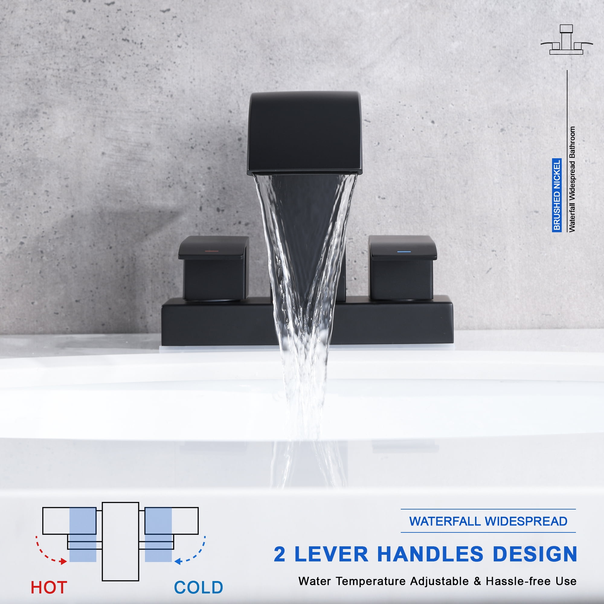 Black Waterfall Bathroom Sink Faucet with Pop up Sink Drain Stopper Overflow for Faucet Vessel, 4 Inch 2 Handles 2 or 3 Holes Centerset Faucet for Lavatory Bathroom Sink with Supply Lines